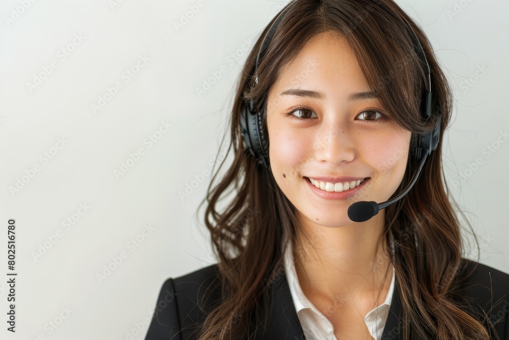 An Asian Customer Service Woman Wearing Headset in background with copy space An Asian Customer Service Woman Wearing Headset in background with copy space