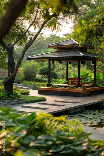 A beautiful garden with a pavilion surrounded by trees and a pond. AI.