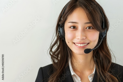 An Asian Customer Service Woman Wearing Headset in background with copy space