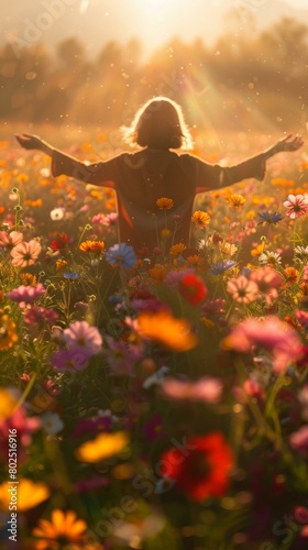 A person standing in a field of flowers with their arms outstretched. AI.