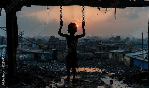 A child stands on a rooftop in a developing country, holding onto chains attached to a structure above. The sun is setting in the background. AI.