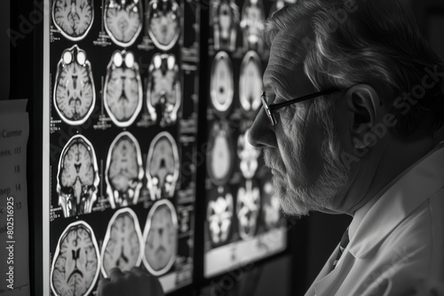 elder male neurologist analyzing brain mri scans in a dark room photo