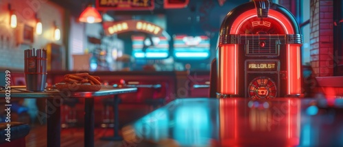 Retro diner interior lit by the glow of a classic jukebox. AI. photo