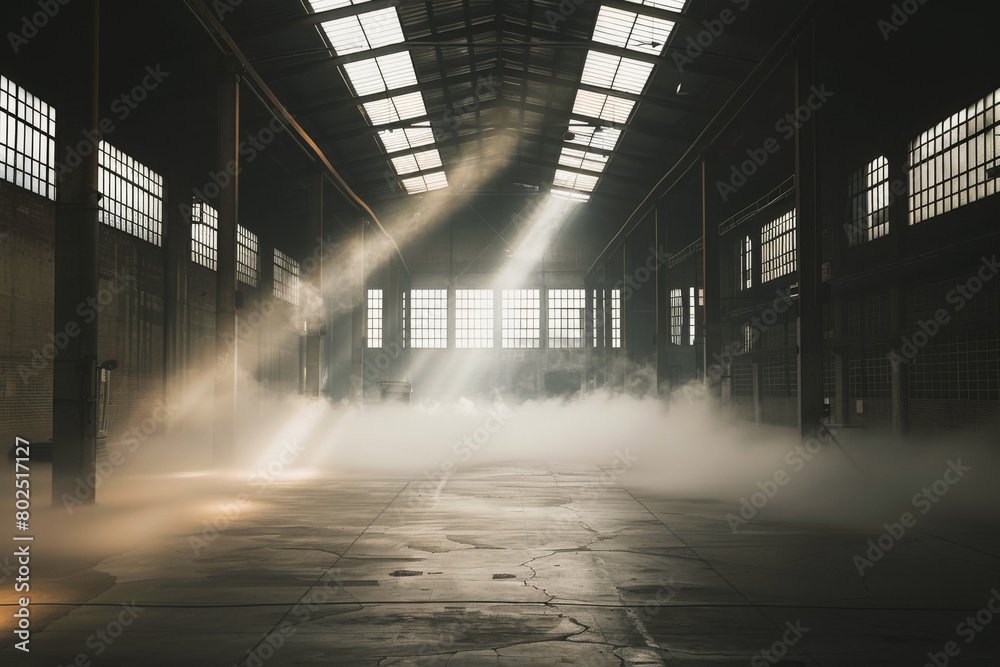 Empty warehouse, abandoned and sunlight with smoke for real estate, manufacturing and building for storage. Industrial property, sunshine and dust or vapor for horror with nightmare, scary and danger