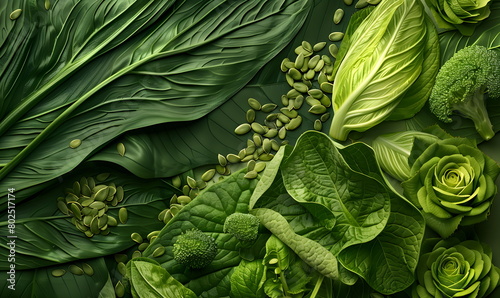 Fresh green leaves of herbs, broccoli, lettuce, cabbage with green seeds on a natural background. Top view of fresh organic leaves. Healthy green food and vegan background. photo