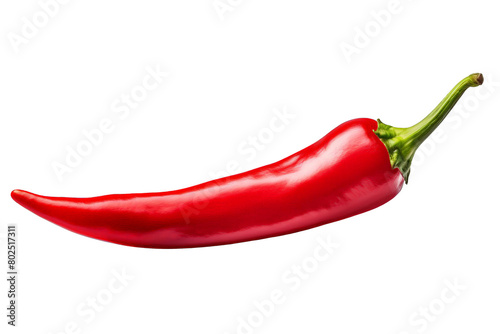 A red pepper is shown in its full length, white background, transparent background