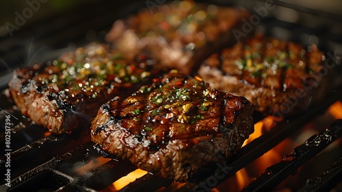 Thick, juicy steaks sizzling over an open flame on a grill photo