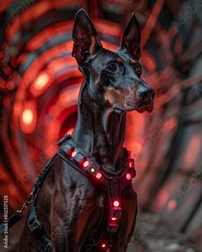 A Doberman dog wearing a red LED light harness stands in a dark tunnel. AI. © serg3d