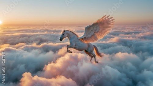 A majestic white pegasus soars through the clouds. AI. photo