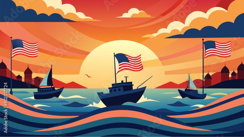 Amidst the waves the boats create a beautiful spectacle as they proudly display their American flags illuminated by the warm glow of the sunset.. Vector illustration