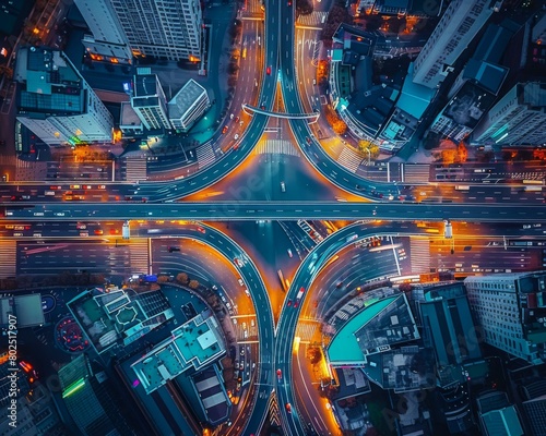 The chaotic beauty of an urban intersection at night, seen from above. AI.