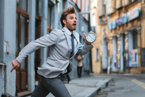 Man in Suit Running With Clock photo