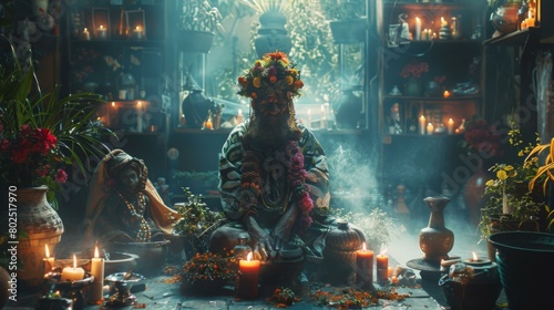 A witch doctor in a dimly lit room, surrounded by candles, plants, and other ritualistic objects. AI. photo