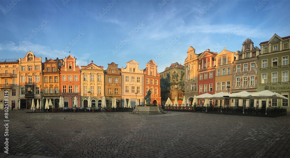 Panorama of the Stary Rynek square with its historic buildings in Poznań, Poland, June 2019