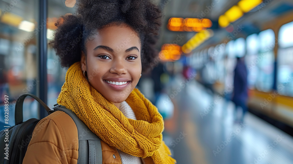 afro american young pretty woman waiting at a train station afro american young pretty woman waiting at a train station