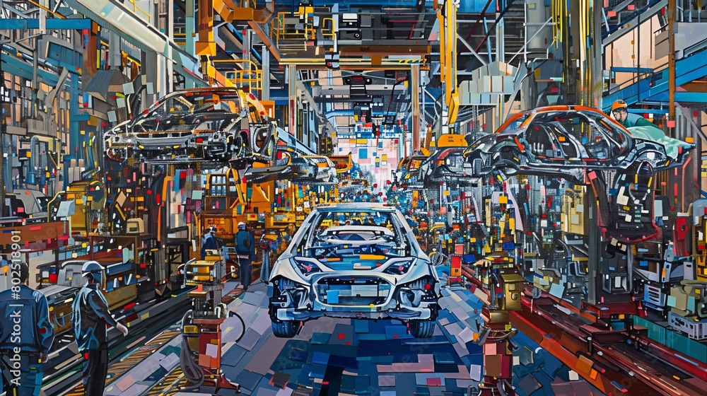 Assembly Line Symphony: A vibrant portrayal of the orchestrated chaos of a car assembly line, with workers bustling in unison.