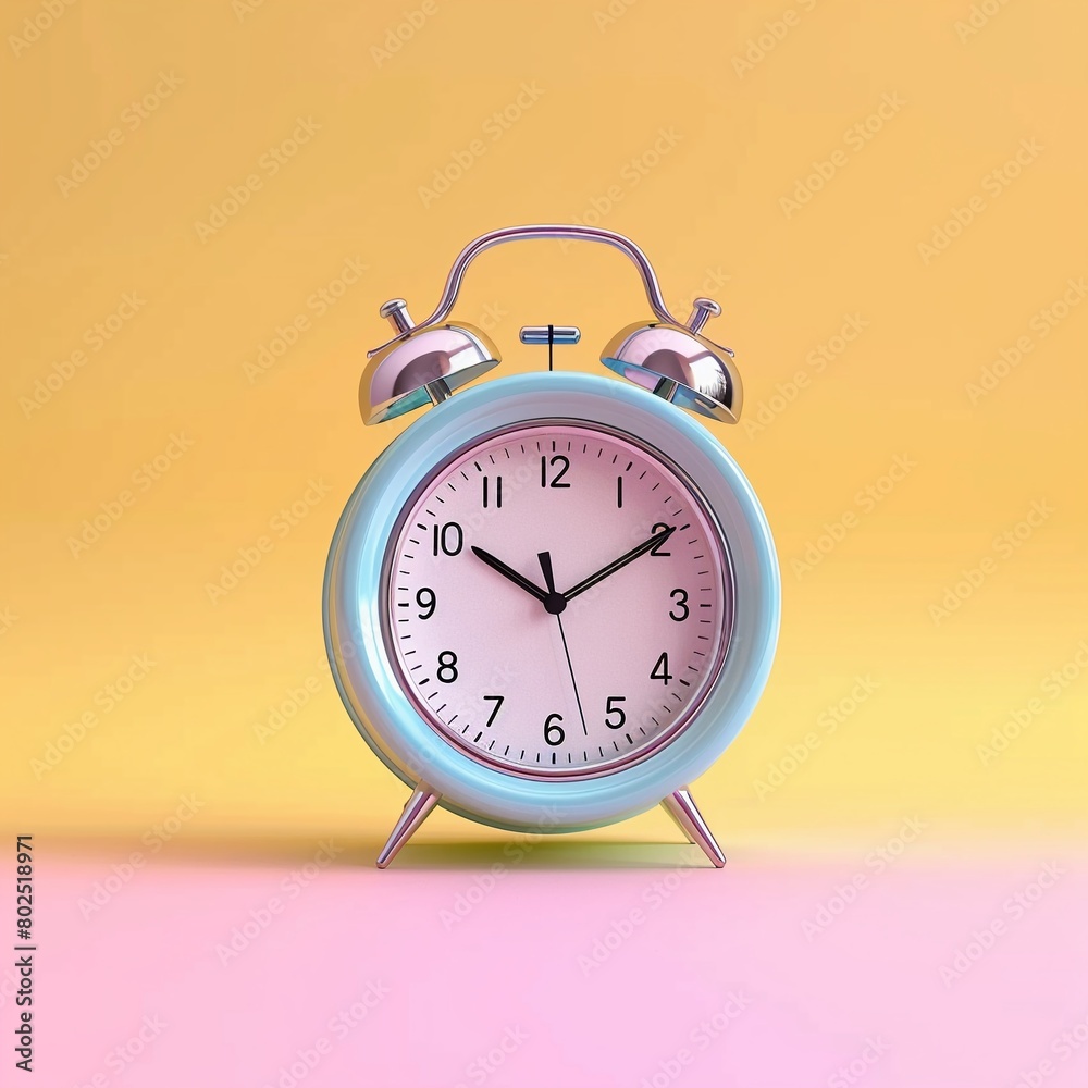 Old alarm clock on yellow pink background copy space for text , neon light Old alarm clock on yellow pink background copy space for text , neon light
