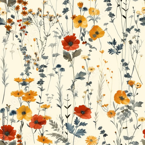 Trendy Hand-Drawn Wild Meadow Florals Seamless Pattern  