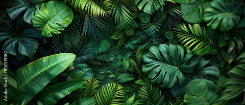 wallpaper with dense green tropical jungle foliage presenting various shades and leaf types copy space for text , neon light