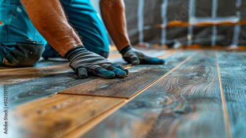 Worker installing laminate floor detail House renovation with wooden designs , golden