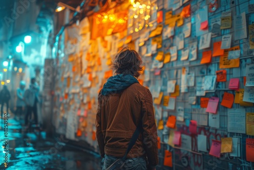 A man stands in front of a wall covered in sticky notes in the urban city