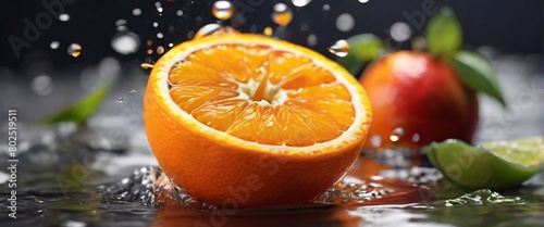 water splashing onto Open Orange  in the style of gray background and colorful fruits  high detailed  dynamic and action-packed