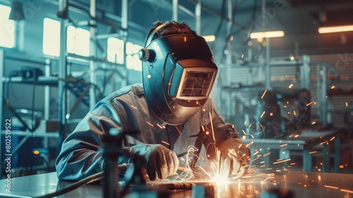 welder wearing the helmet in working action photo