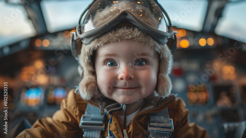 Adorable Blue Eyed Child in Pilot Gear with Furry Hat Inside Cockpit