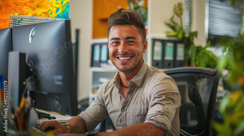 close-up of a young smiling latino man in white shirt, at a modern office working on computer, happy employee