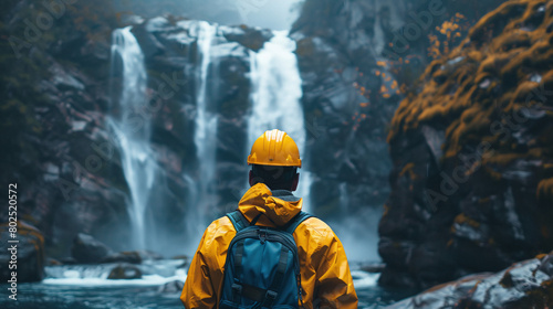 Man in Yellow Jacket and Helmet Viewing Majestic Waterfall Nature Adventure Scene