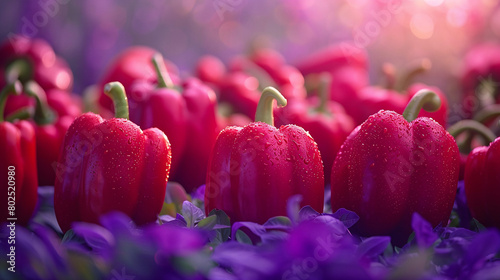 Vibrant Red Bell Peppers with Dew on Purple Flower Bed in Sunrise Light