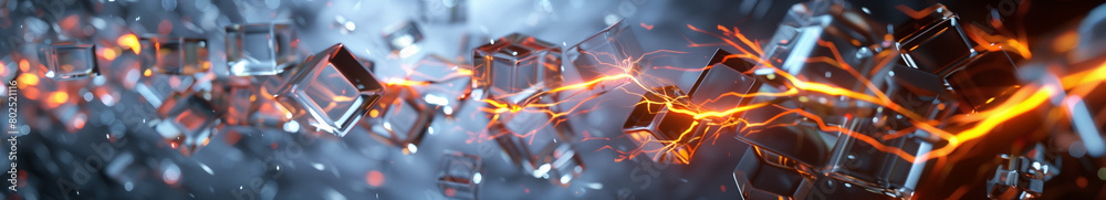 Lightnings flashing and mixing with each other, with transparent glass cubes forming shapes, background concept, abstract 3D design. Generative AI. Lightnings flashing and mixing with each other, with transparent glass cubes forming shapes, background concept, abstract 3D design. Generative AI.