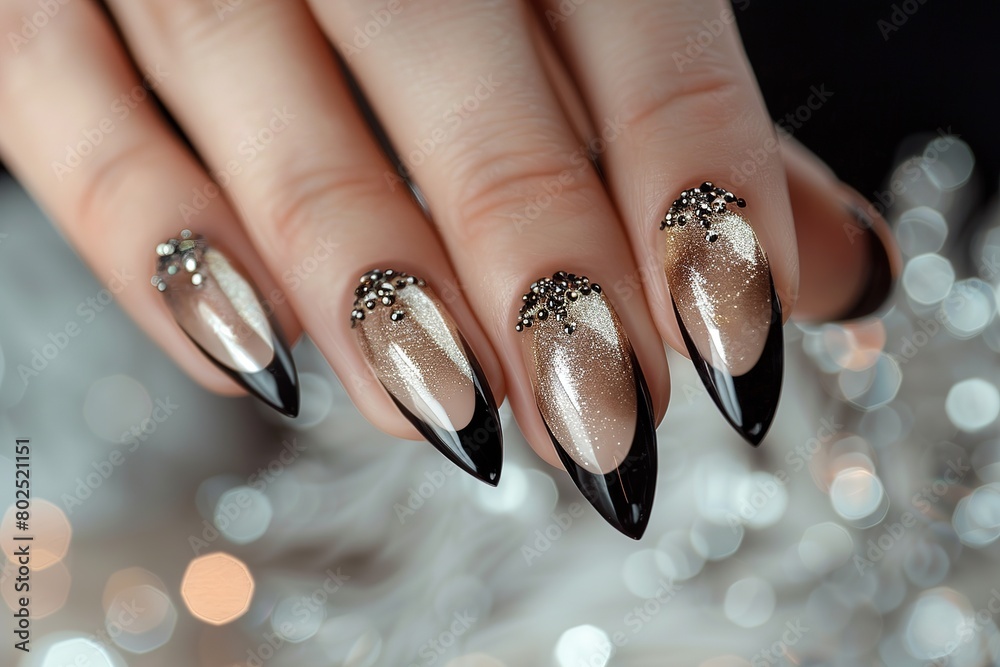 Female hand with black nail design. Glitter nail polish manicure, Ai Generated Female hand with black nail design. Glitter nail polish manicure, Ai Generated