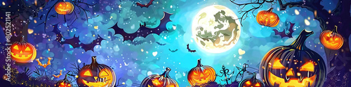 banner of halloween illustration with bats and pumpkins against blue moon