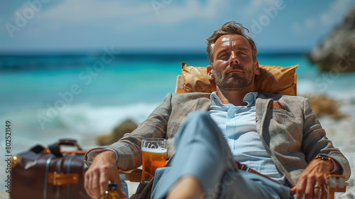 close-up of a successful hierarchic employee or business owner in formal suit, relaxing on the beach with a beer, just went on vacation, summertime photo