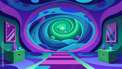 Swirling shades of purple blue and green filled the thes room creating a calming and healing atmosphere perfect for the psychedelic therapy session..