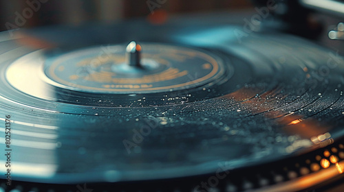 Close Up of Water Droplets on Vinyl Record with Warm Ambient Light photo