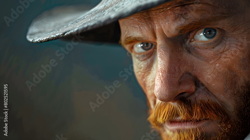 Concept of a modern portrait of Vincent van Gogh wearing a wide black hat on a dark plain background. Looking into the camera, red beard, blue eyes. Van Gogh Museum, Amsterdam, Netherlands, Holland. S photo