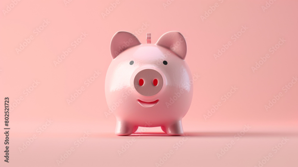A fun looking piggy bank toy isolated on pink background straight on