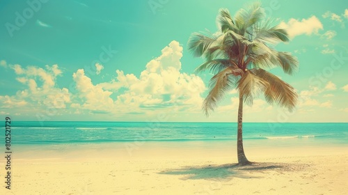 Coconut palm tree on tropical beach in summer - vintage colour effect. Beautiful simple AI generated image in 4K, unique.