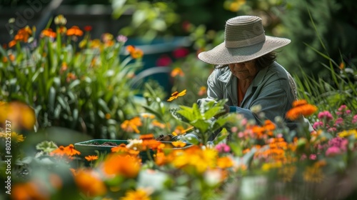 Person in sun hat gardens with trowel, colorful flowers around. Early morning brings person to garden, vibrant flowers in bloom. © Eez Studio