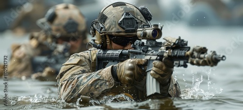 A USA Navy SEAL, half their height, participating in a naval special warfare mission, equipped for maritime operations.
