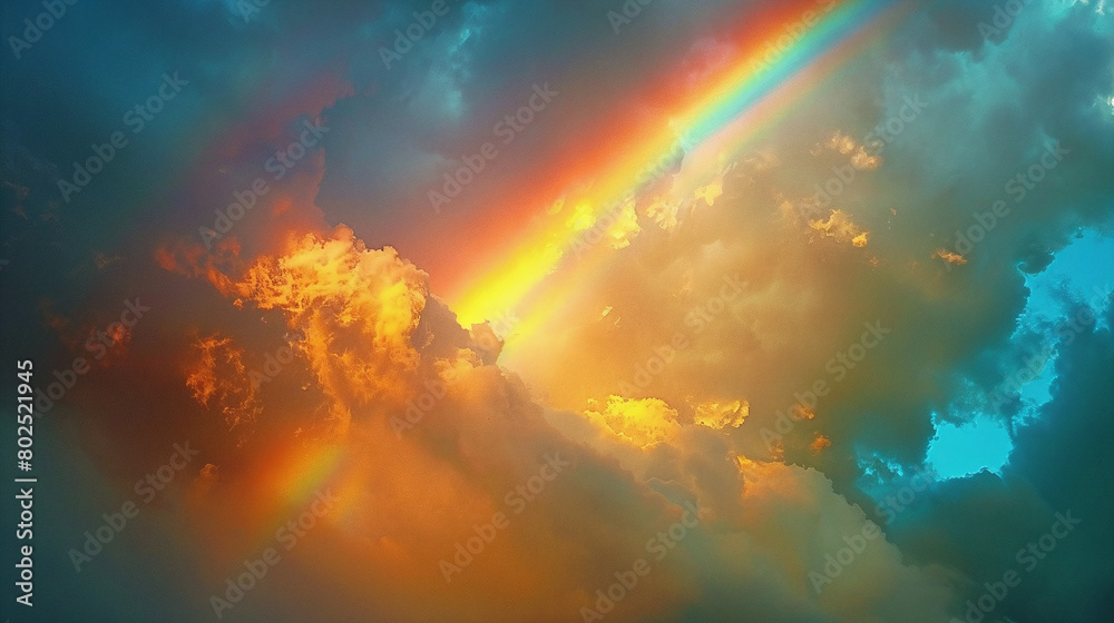 Vivid Rainbow Arching Over Golden Sunlit Clouds at Sunset Vivid Rainbow Arching Over Golden Sunlit Clouds at Sunset