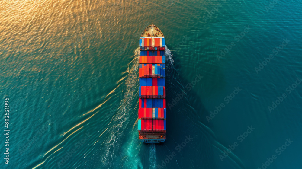 An aerial view looking down on a freight ship transporting shipping containers of goods at sunset