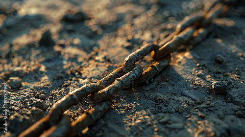 Rusty Metal Chain on Sandy Ground at Sunset Golden Hour Light