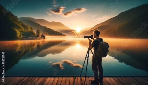 Photographer captures sunrise over lake with professional gear. Morning light reflects beautifully as photographer snaps lake view.
