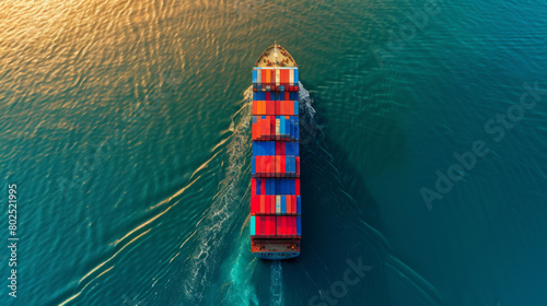 Obraz na płótnie An aerial view looking down on a freight ship transporting shipping containers of goods at sunset w salonie