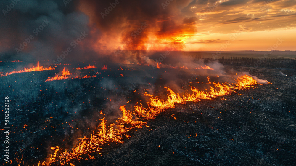 Fiery Sunset Over Wildfire in Vast Forest Landscape with Dramatic Clouds and Raging Flames