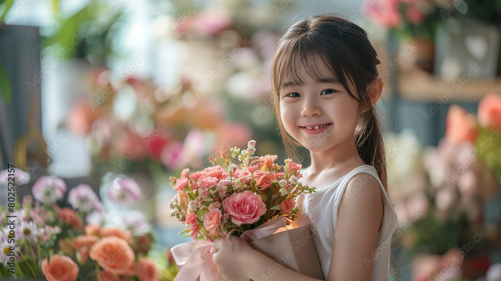 Asian Young Girl Smiling Holding Fresh Bouquet in Flower Shop