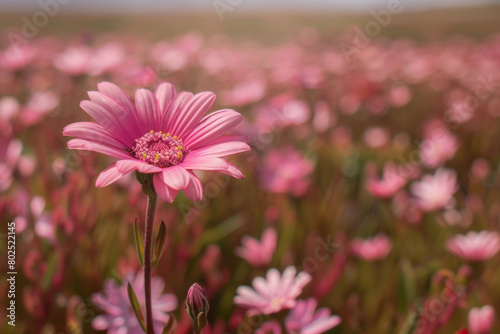 A pink daisy blooming in a field of pink wildflowers.